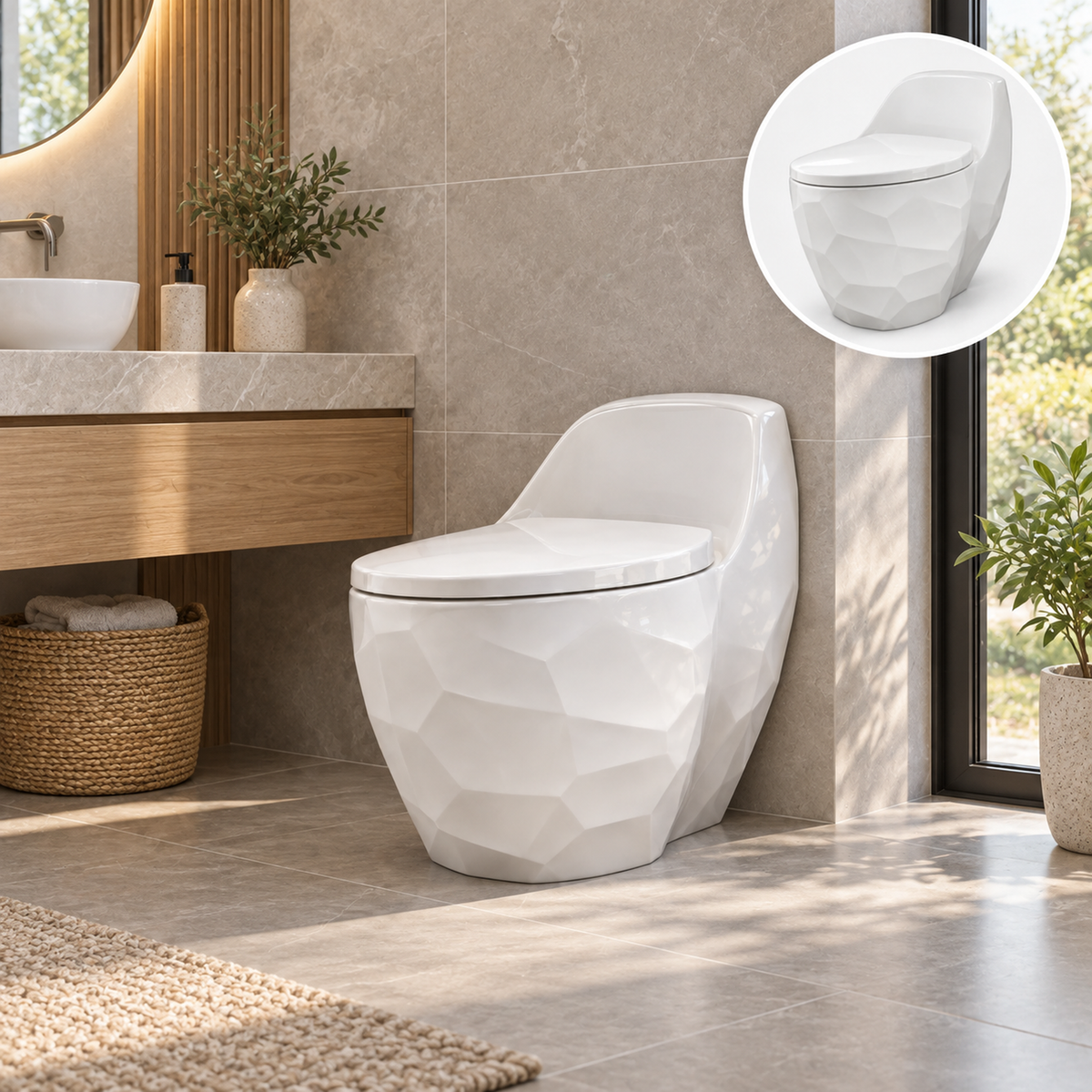 Sanitario 3D Blanco en baño contemporáneo, vista amplia