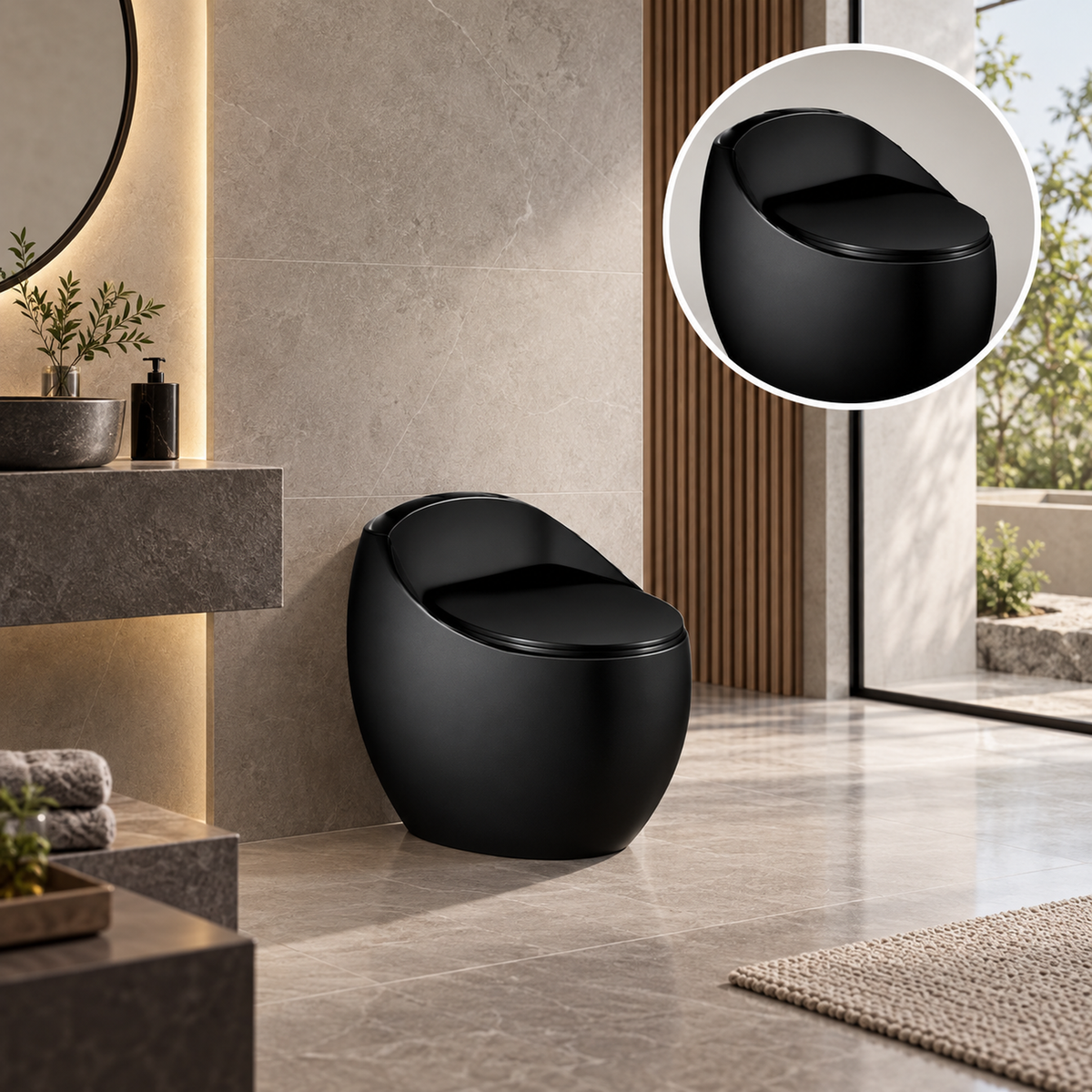 Sanitario One Piece negro mate 1010N en baño, vista amplia