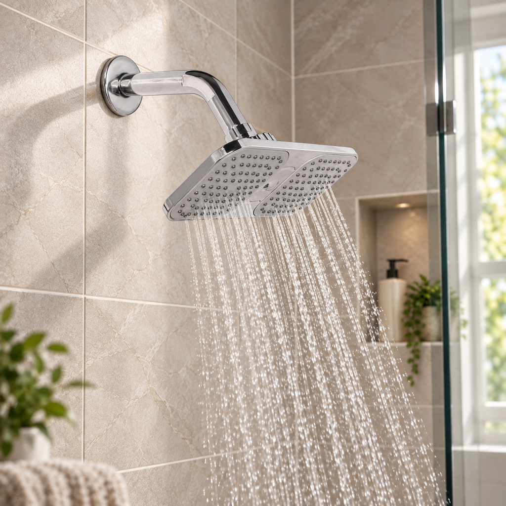 AG-HD14: regadera ambientada en baño realista con agua natural