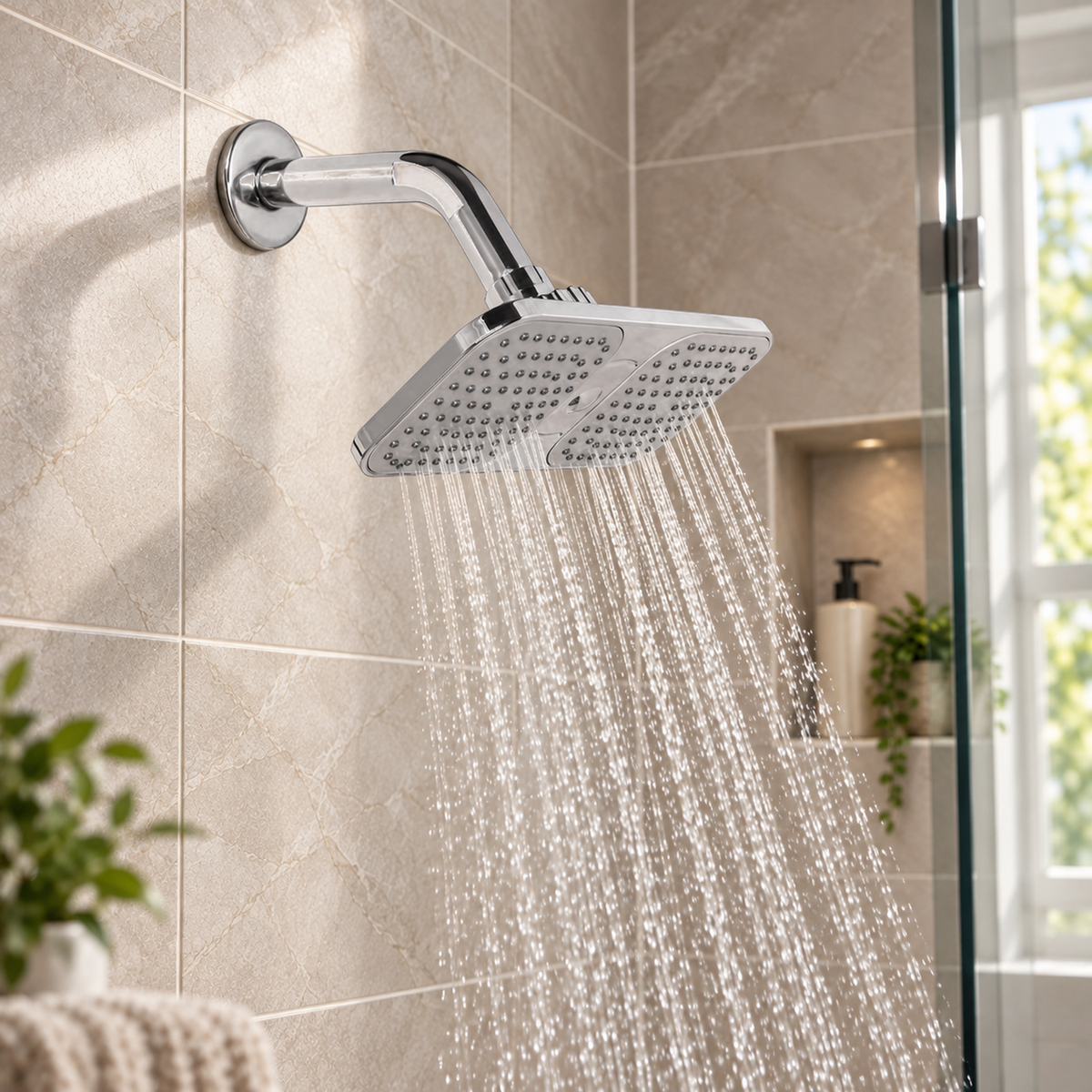 AG-HD14: regadera ambientada en baño realista con agua natural