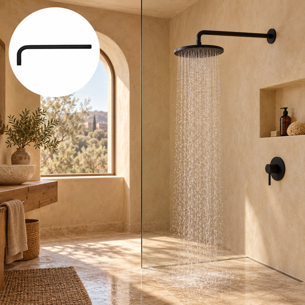 tubo redondo negro para regadera de 40 cm instalado en baño contemporáneo