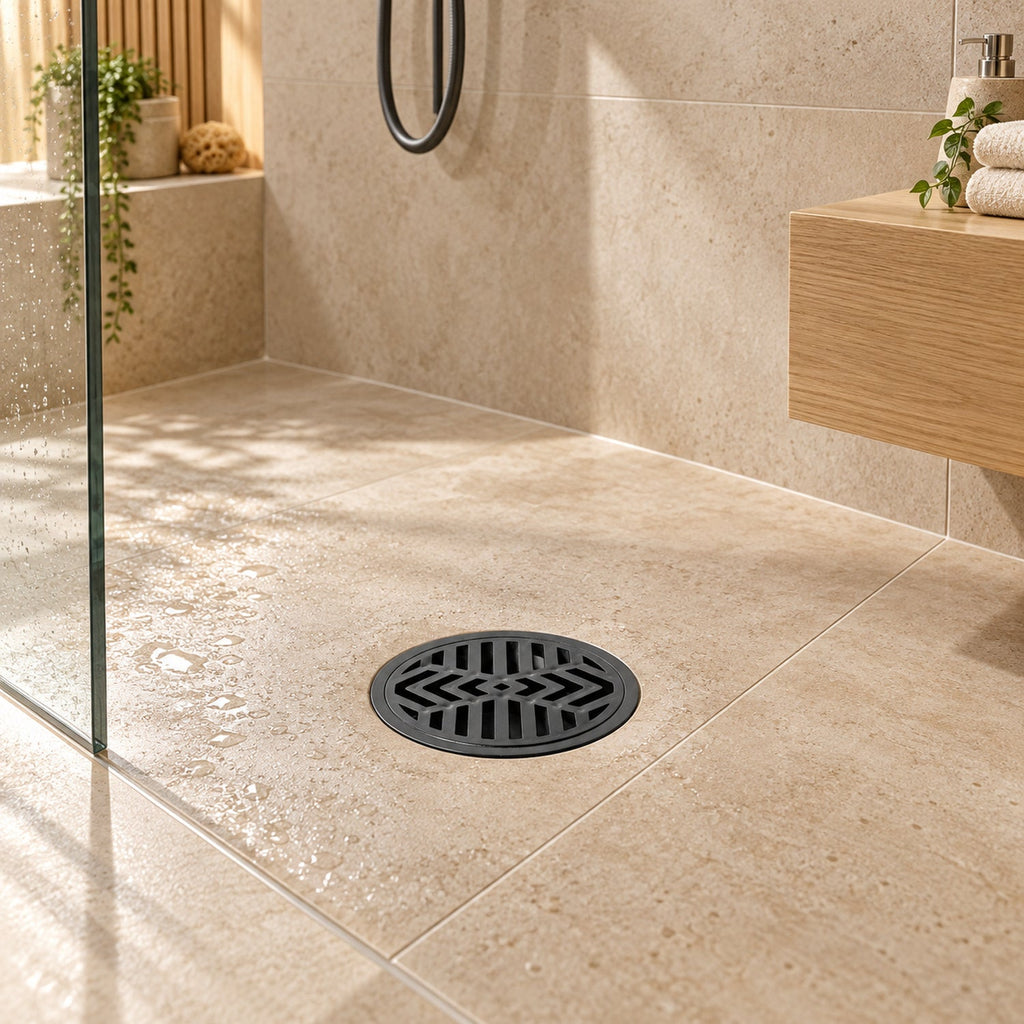 Rejilla De Piso En PVC Negra Con Diseño Radial 3 × 1,5 cm - ambientación principal