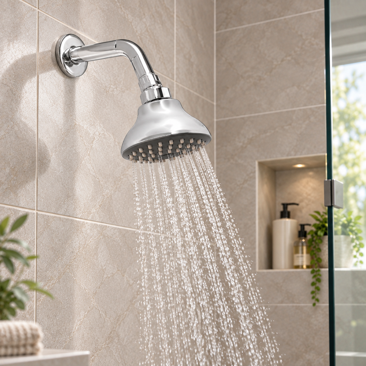 S21K: regadera ambientada en baño realista con agua natural