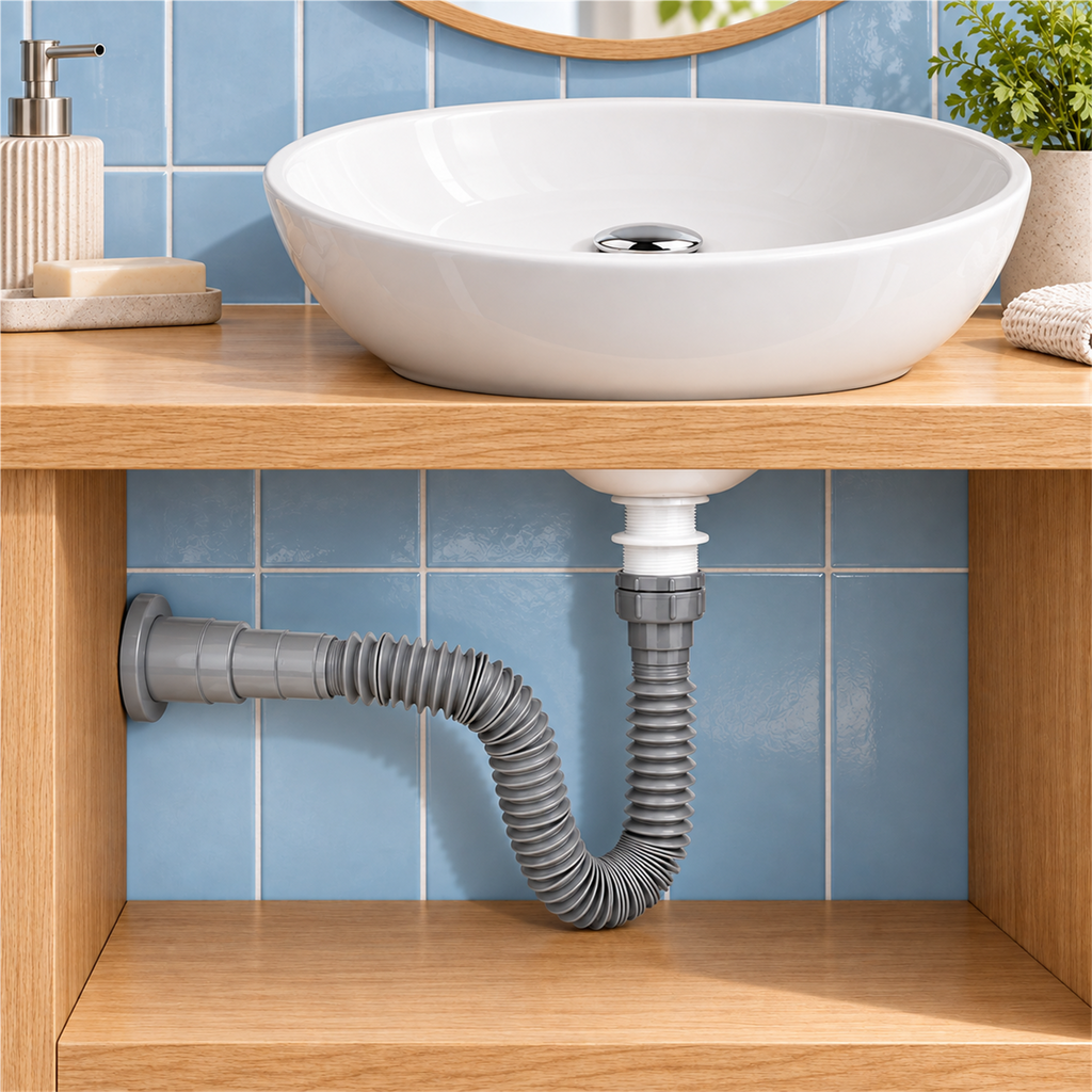 Sifón flexible gris con push cromado instalado bajo lavamanos, conectado al desagüe del muro