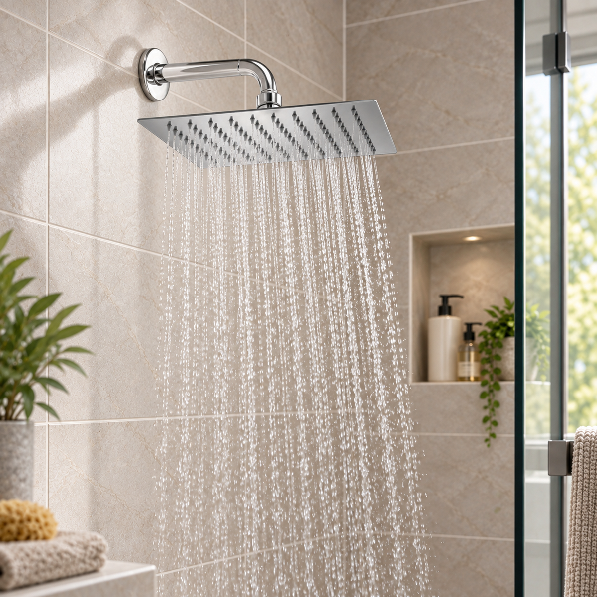 YW003: regadera ambientada en baño realista con agua natural