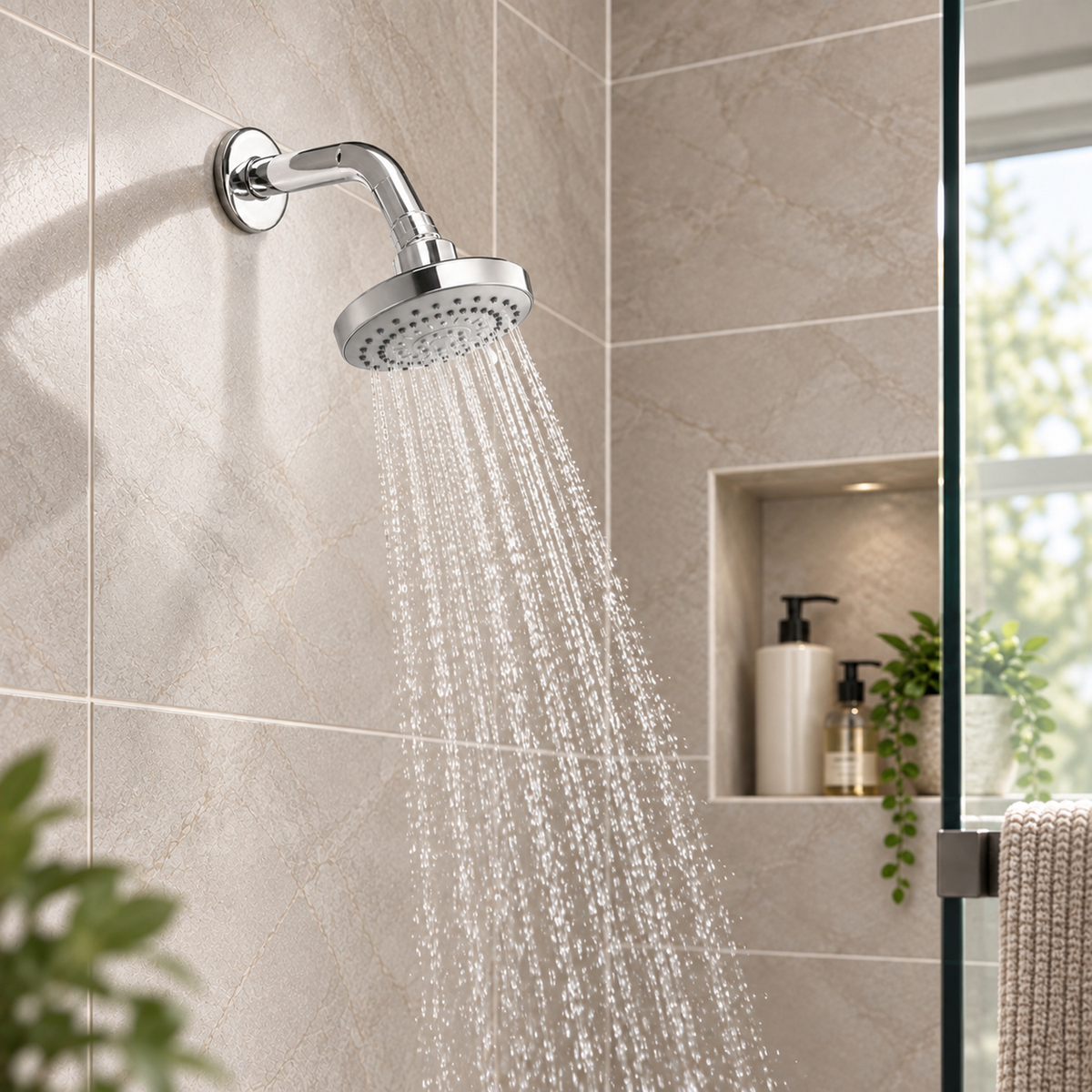 YW614: regadera ambientada en baño realista con agua natural