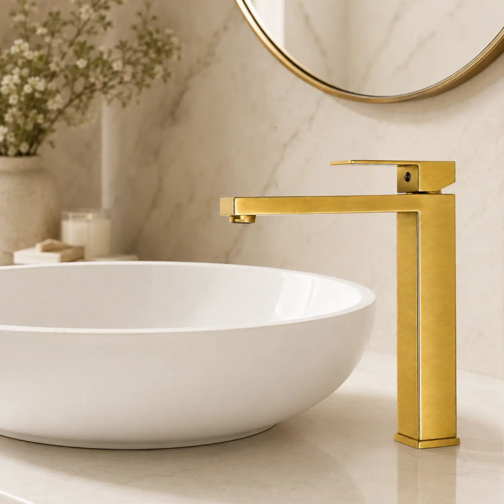 Grifería alta Paris en acero inoxidable oro cepillado instalada junto a lavamanos de sobreponer