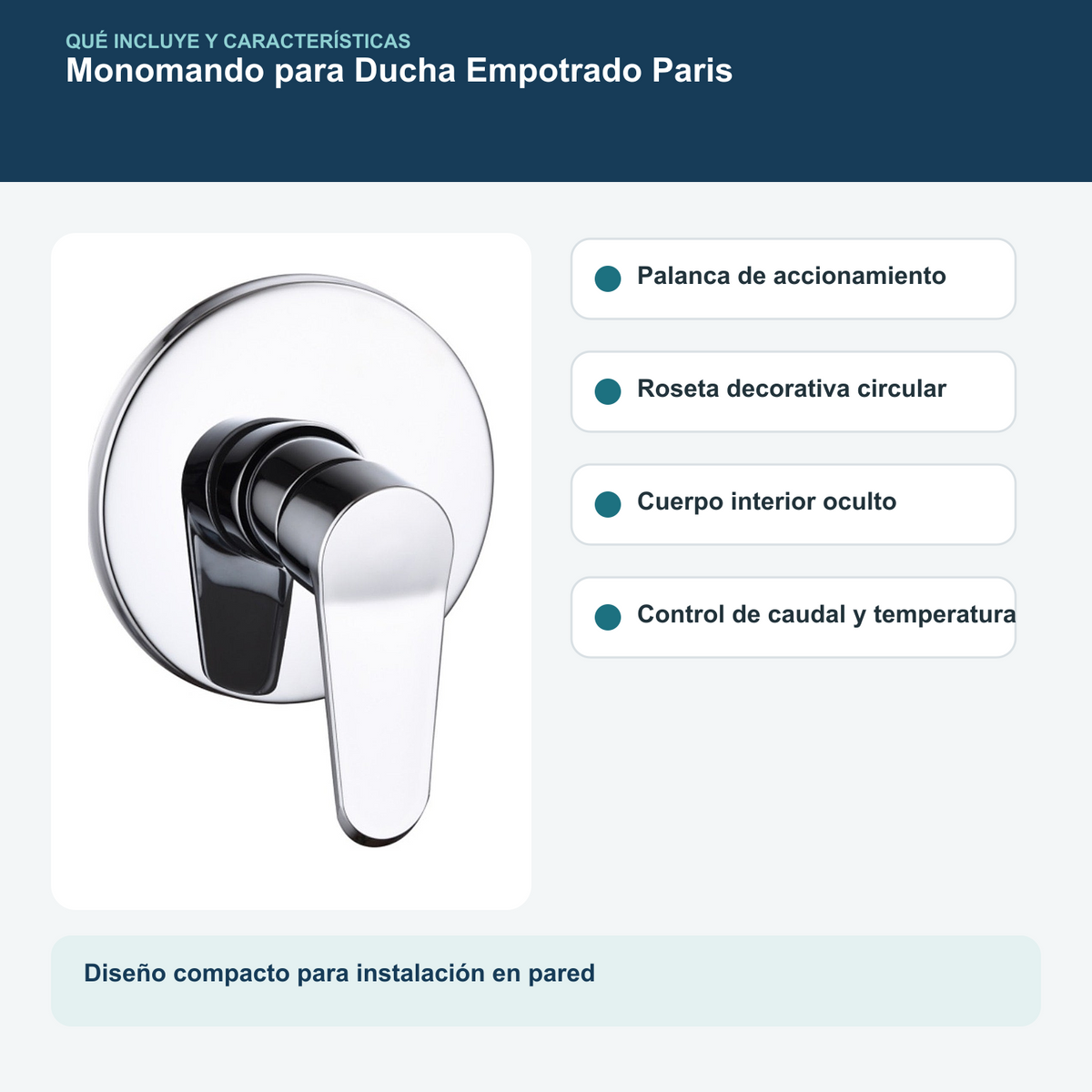 Contenido y características del monomando para ducha empotrado paris cromado