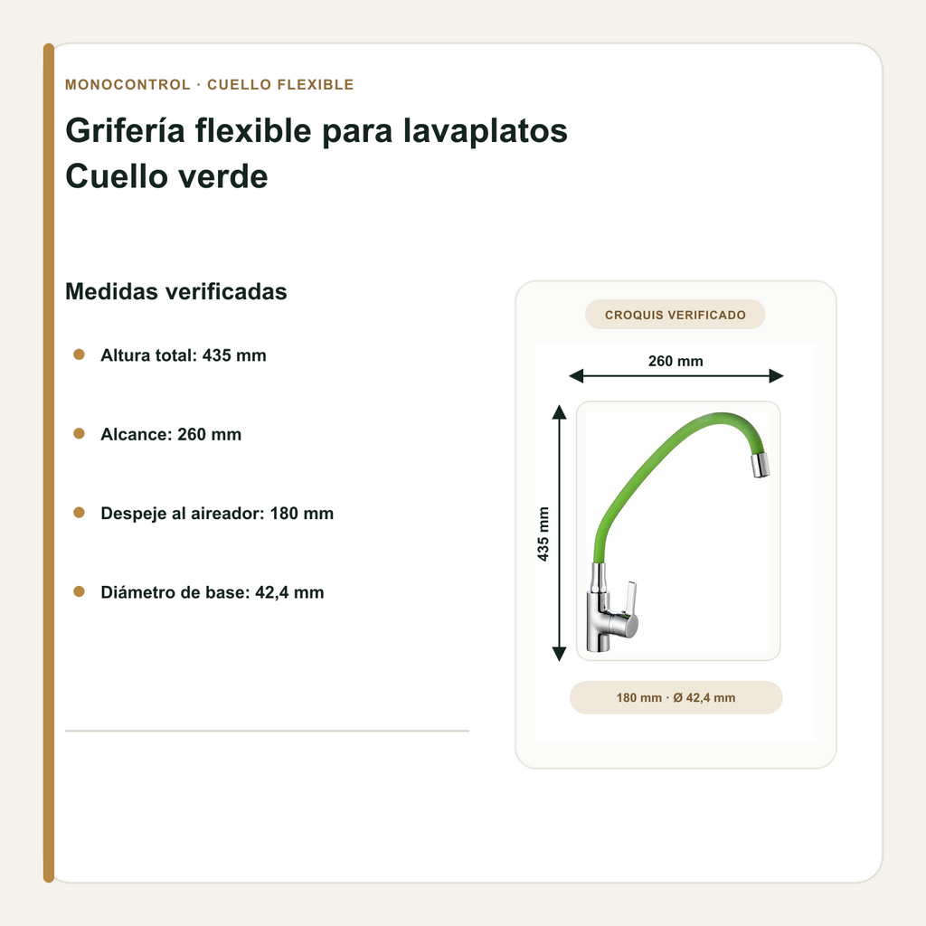 Altura, alcance y despeje de la grifería flexible verde