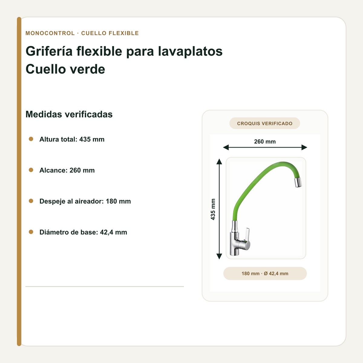 Altura, alcance y despeje de la grifería flexible verde