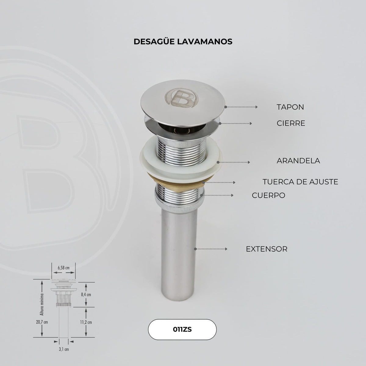 Partes y medidas verificadas del desagüe 011ZS, ficha oficial Boccherini