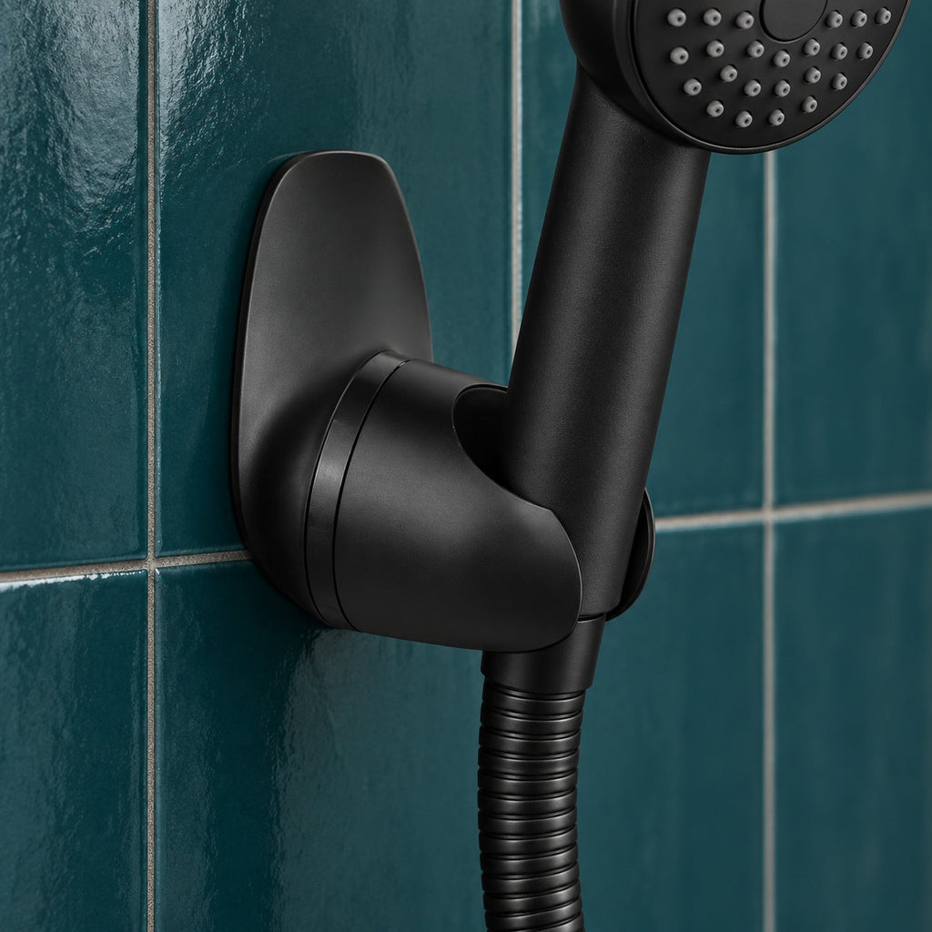 Detalle de soporte ajustable negro para teleducha instalado