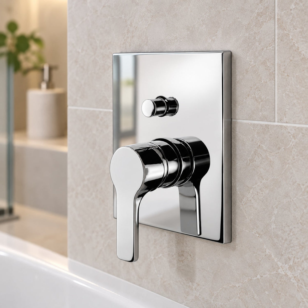 Registro monocontrol para ducha y tina con desviador cromado en acercamiento instalado