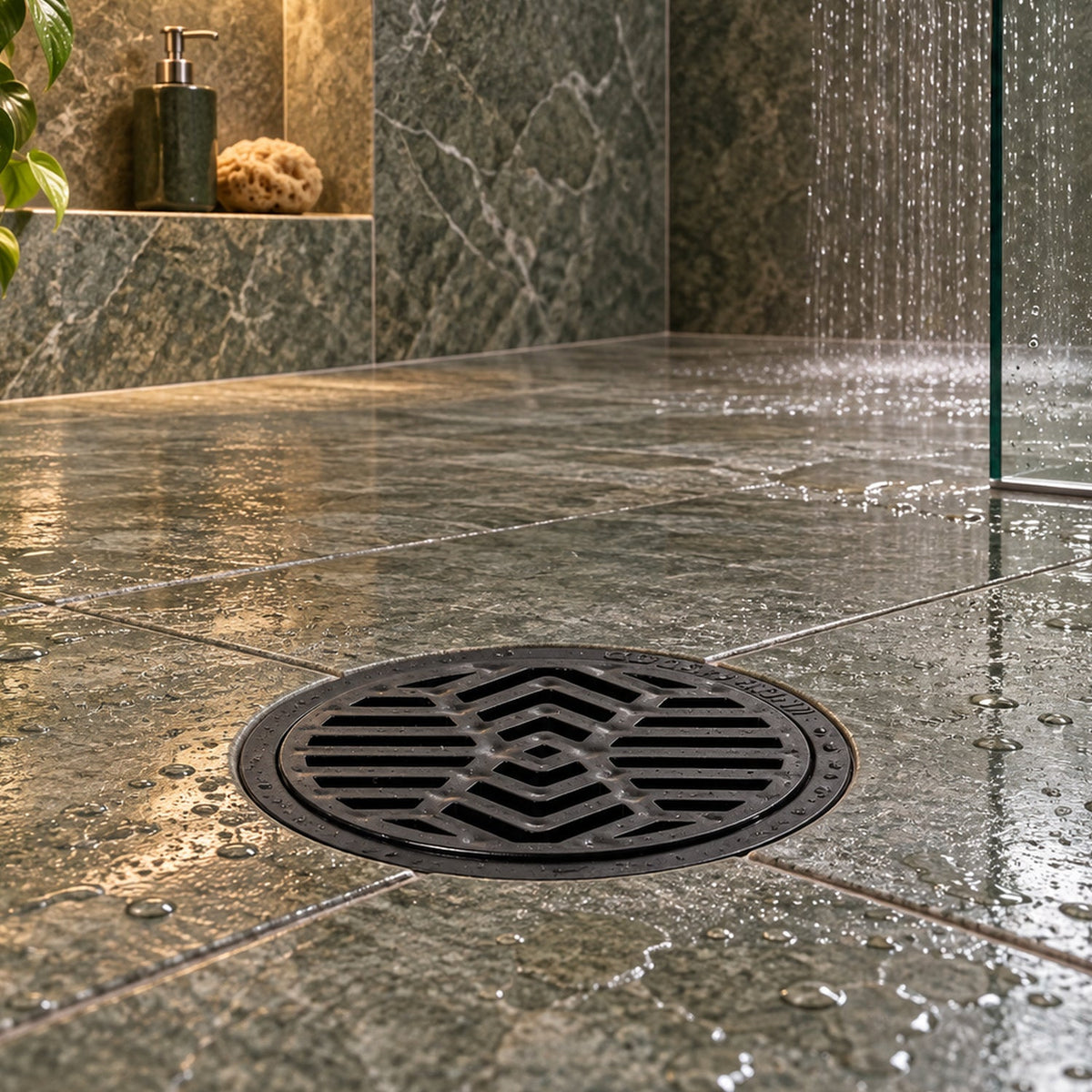 Rejilla De Piso En PVC Negra Con Diseño Radial 3 × 2 cm - ambientación cercana