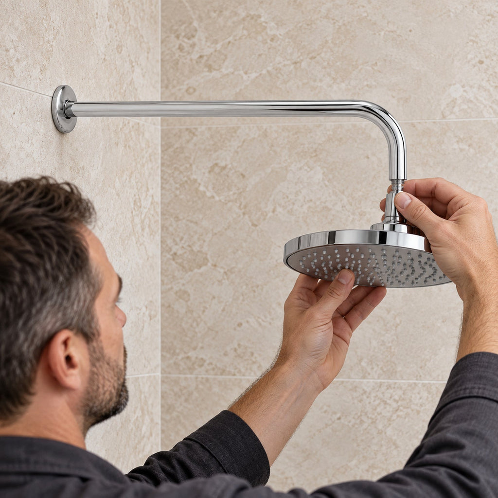 Acercamiento instalado con persona — Tubo para Regadera de Pared de 37 cm en Acero Inoxidable Cromado