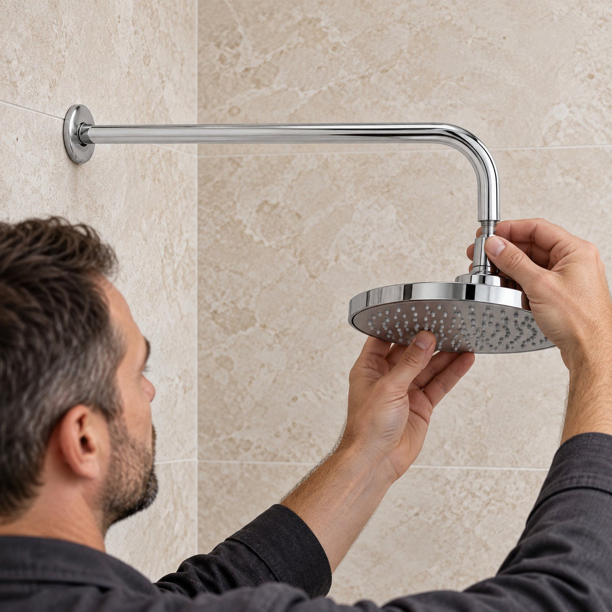 Acercamiento instalado con persona — Tubo para Regadera de Pared de 37 cm en Acero Inoxidable Cromado