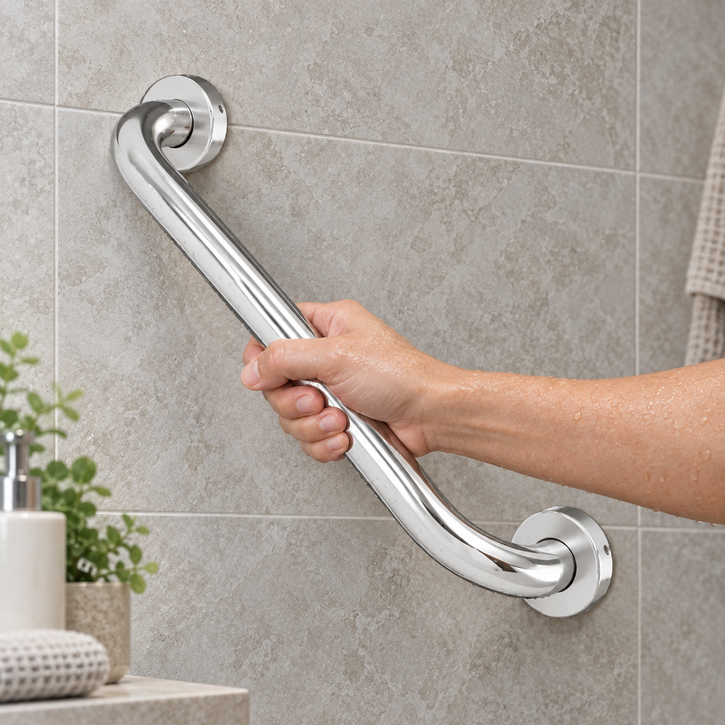 Barra de seguridad de aluminio cromado de 30 cm instalada con ambos soportes sobre una misma pared