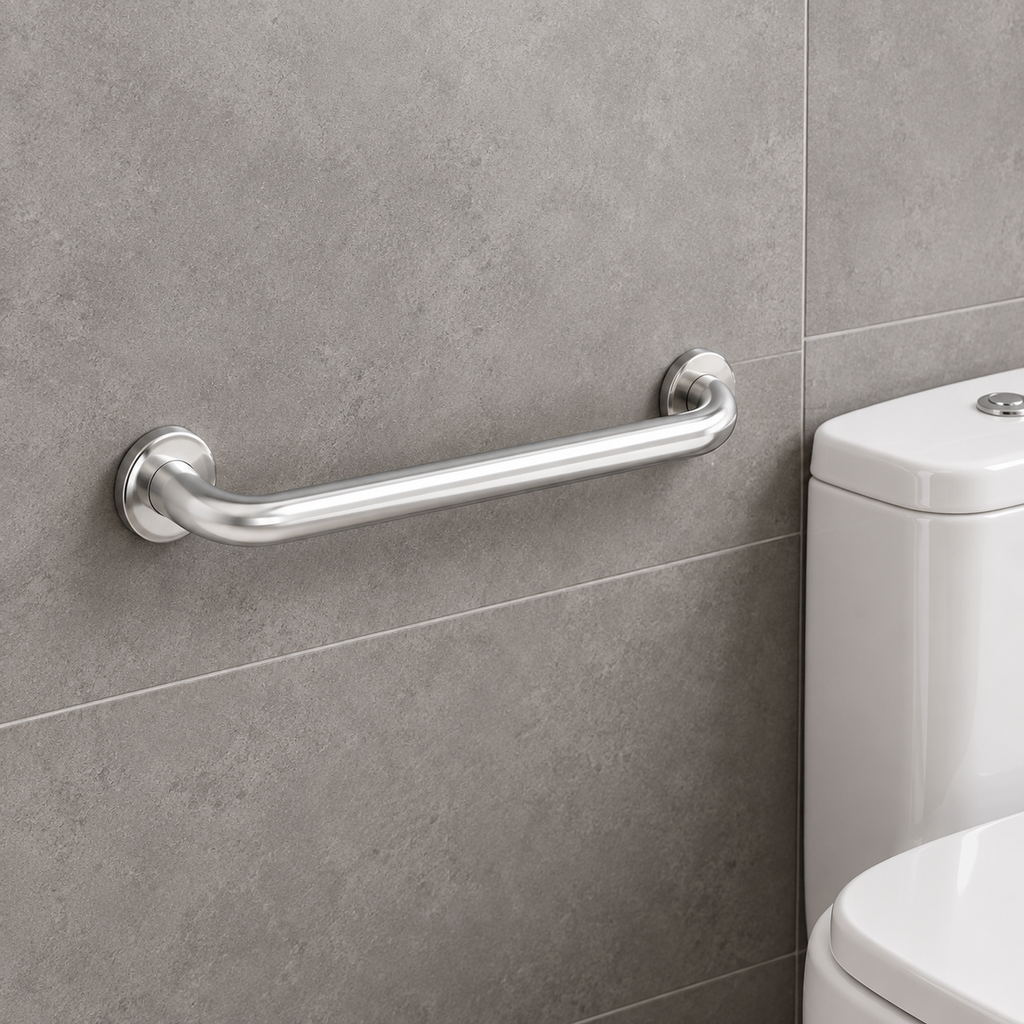 Barra de seguridad de aluminio cromado de 40 cm instalada en una vista cercana de ba�o contempor�neo