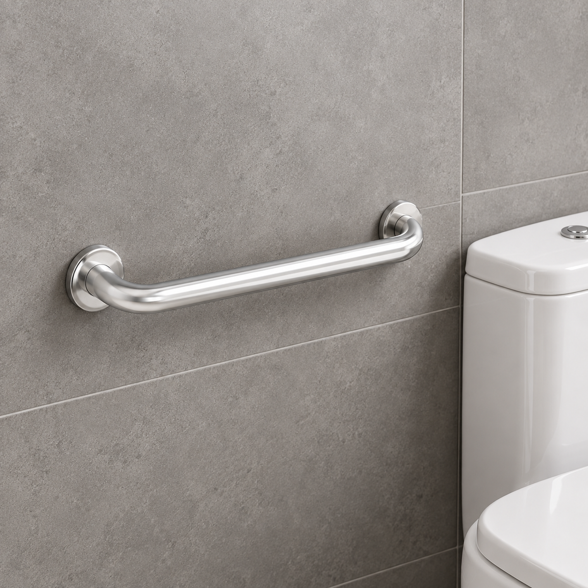 Barra de seguridad de aluminio cromado de 40 cm instalada en una vista cercana de ba�o contempor�neo
