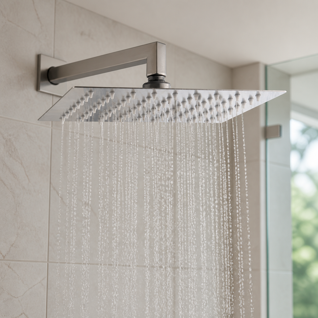 Regadera Cuadrada Satinada de 8 Pulgadas instalado en un ambiente moderno y bien iluminado