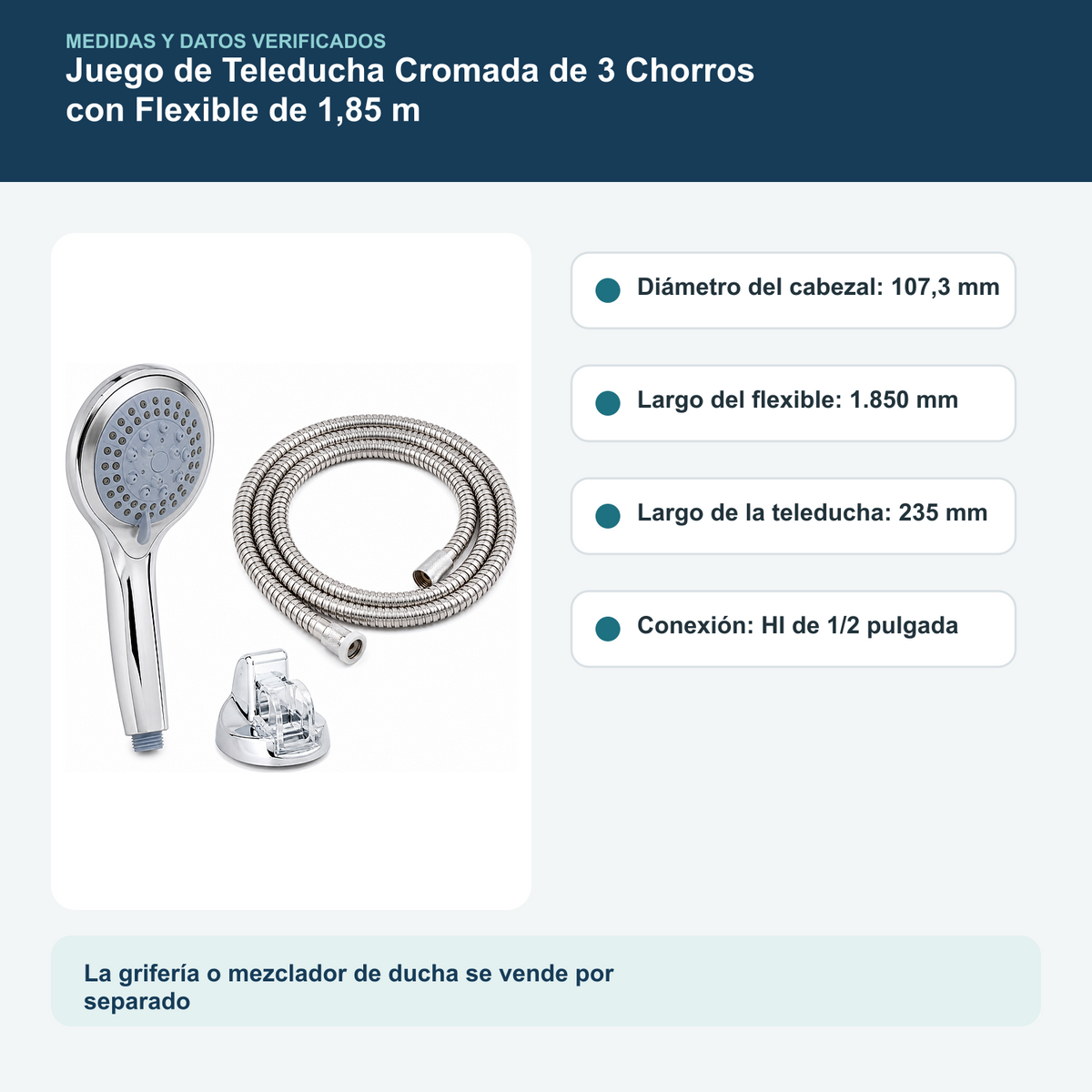 Medidas y datos verificados del juego de teleducha cromada de 3 chorros con flexible de 1,85 m