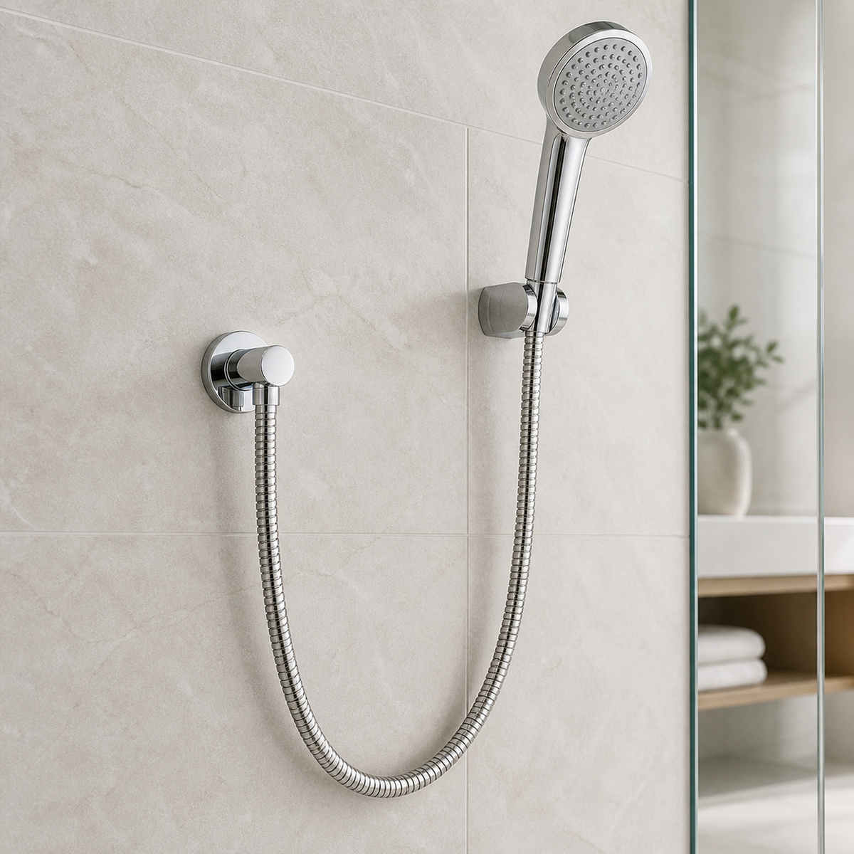 Manguera flexible de ducha Swertt de 1,6 metros instalada en baño contemporáneo