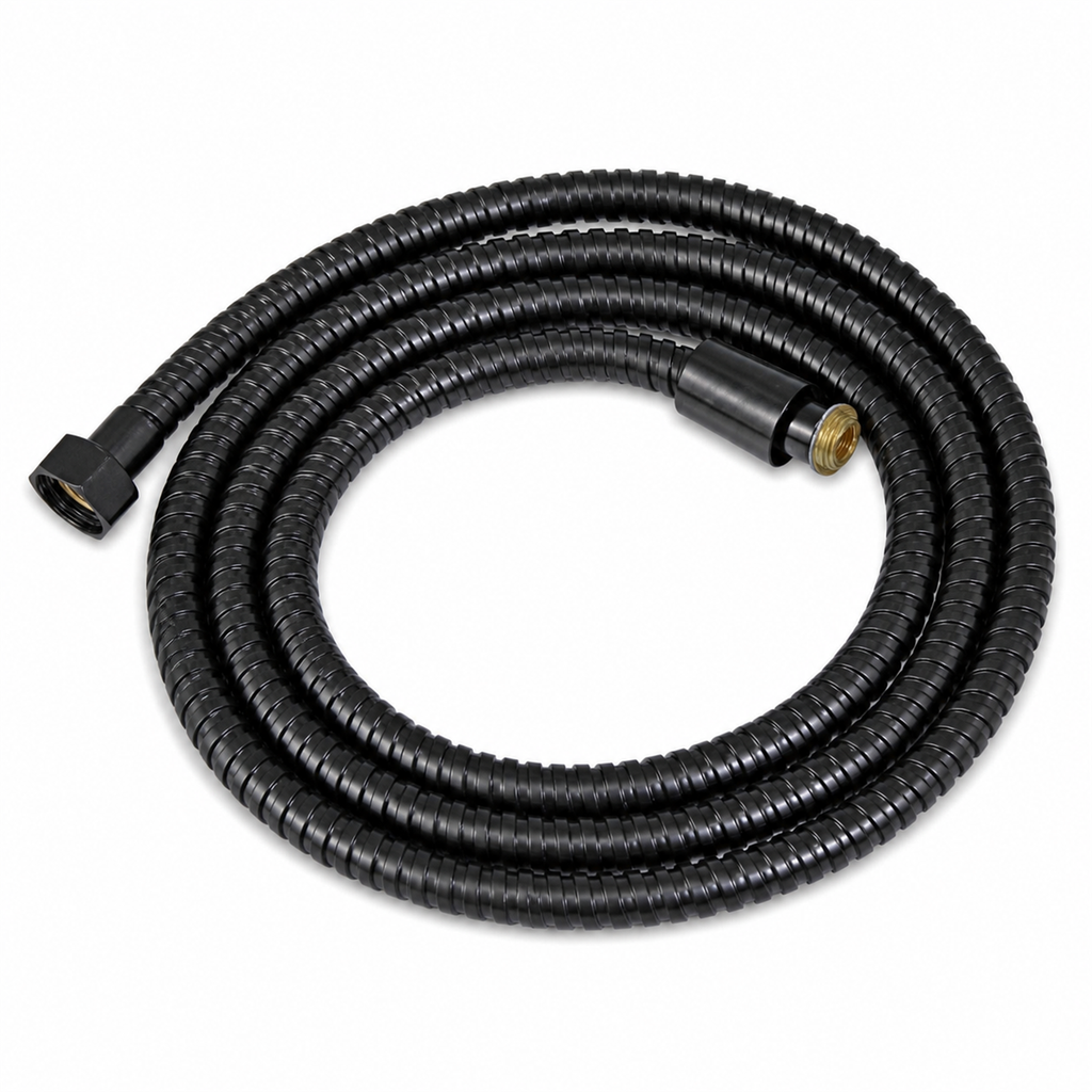 Flexible negro para ducha Notte de 1,6 m enrollado sobre fondo blanco