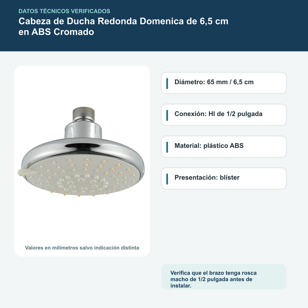 Diagrama o datos verificados del cabeza de ducha redonda domenica de 6,5 cm en abs cromado