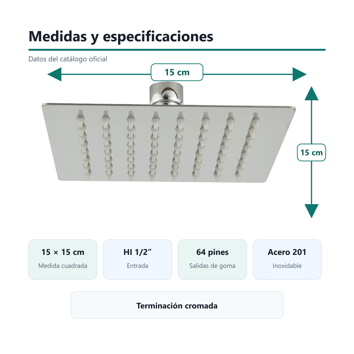 Medidas y especificaciones del cabezal cuadrado de 15 cm con entrada HI de 1/2 pulgada