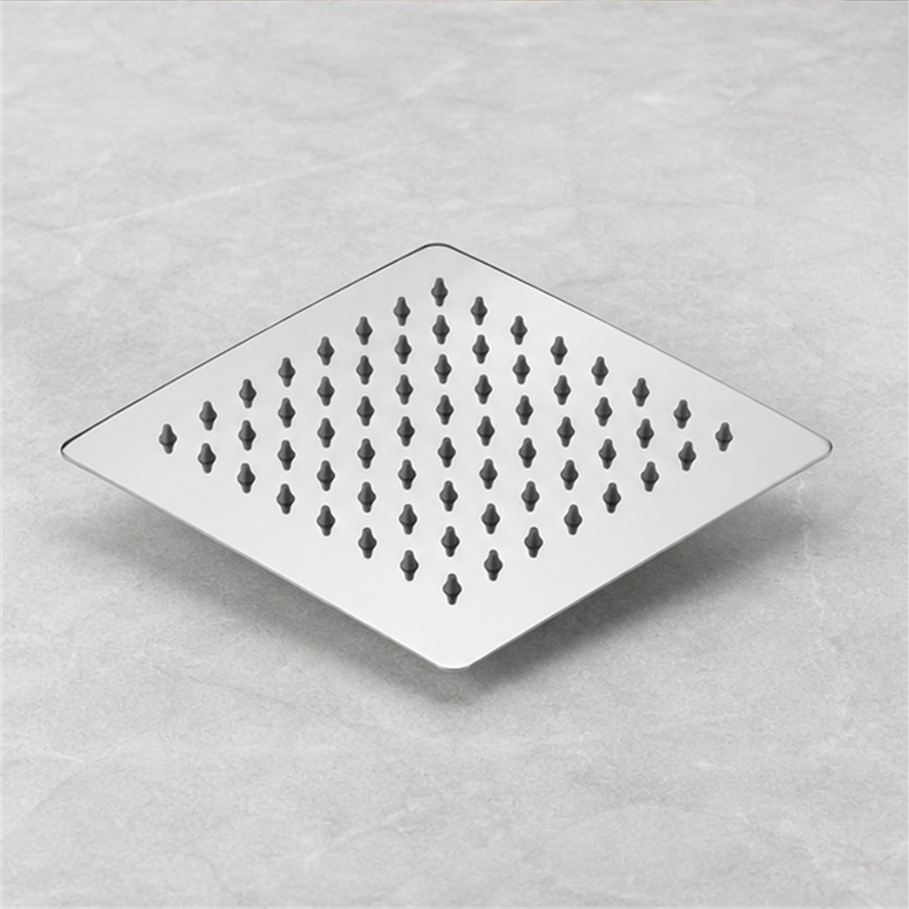 Cabezal de ducha cuadrado Mirage de 15 x 15 cm en vista inferior de tres cuartos