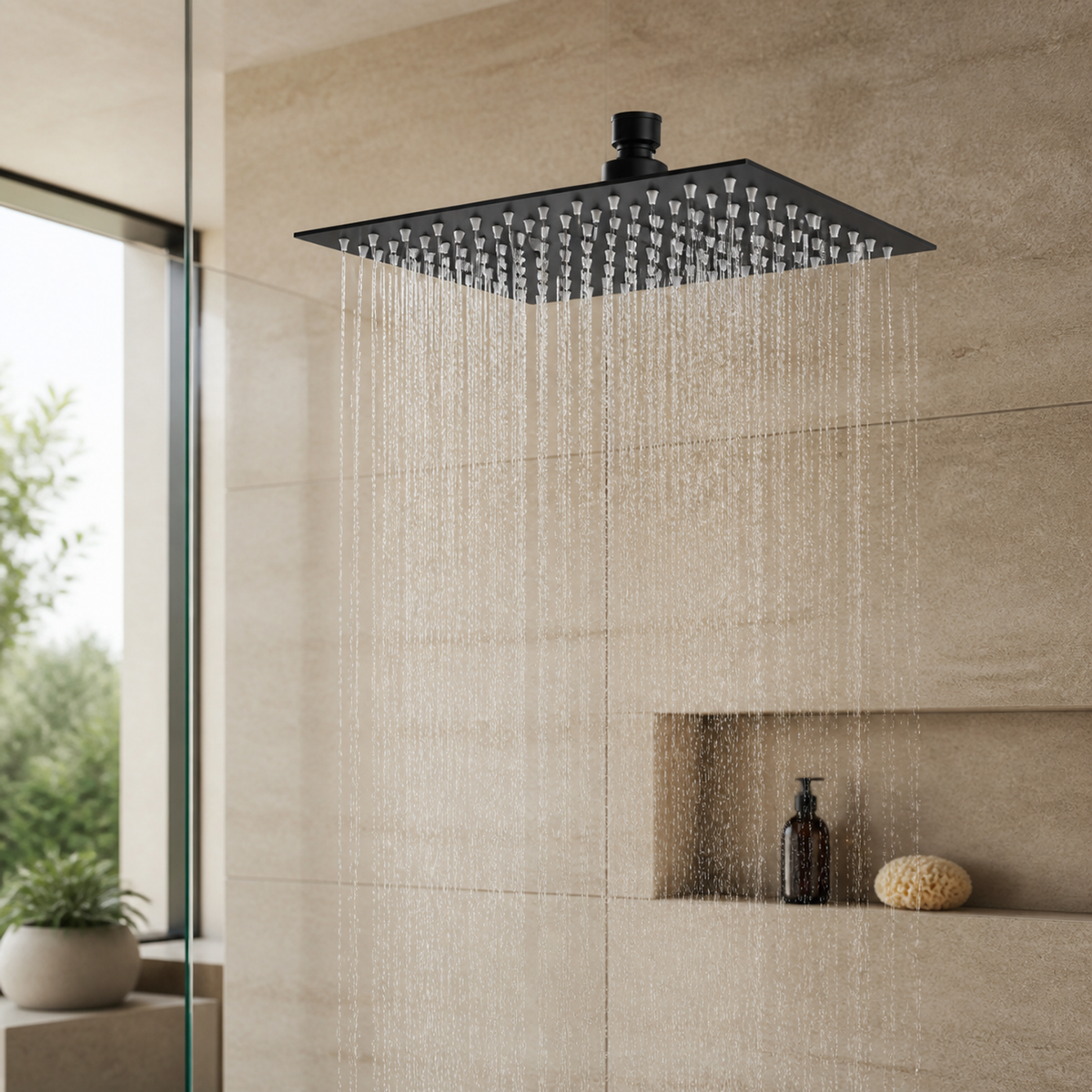 Cabezal de ducha cuadrado Schwarz negro de 25 x 25 cm instalado en un baño