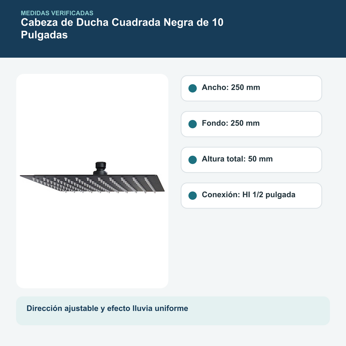 Dimensiones del cabezal de ducha cuadrado Schwarz negro de 25 x 25 cm