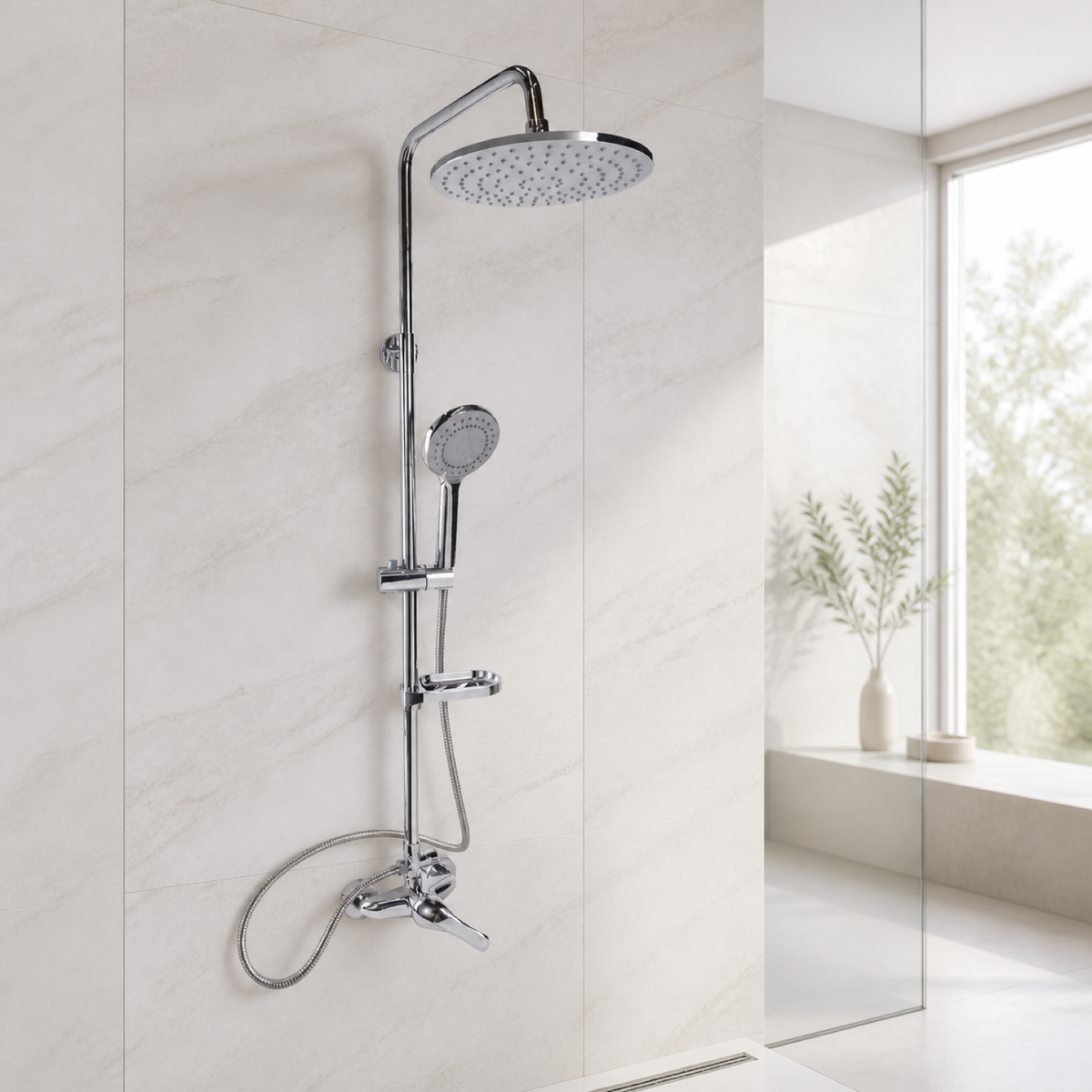 Columna de ducha circular cromada instalada en un baño claro
