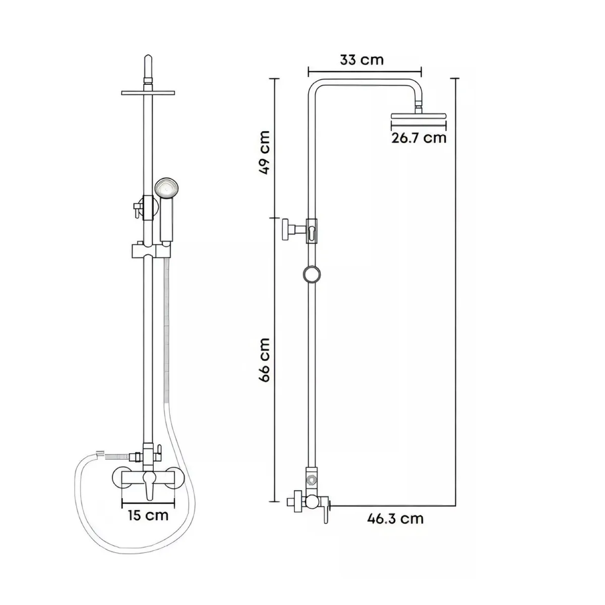 Croquis técnico con medidas de la columna de ducha circular