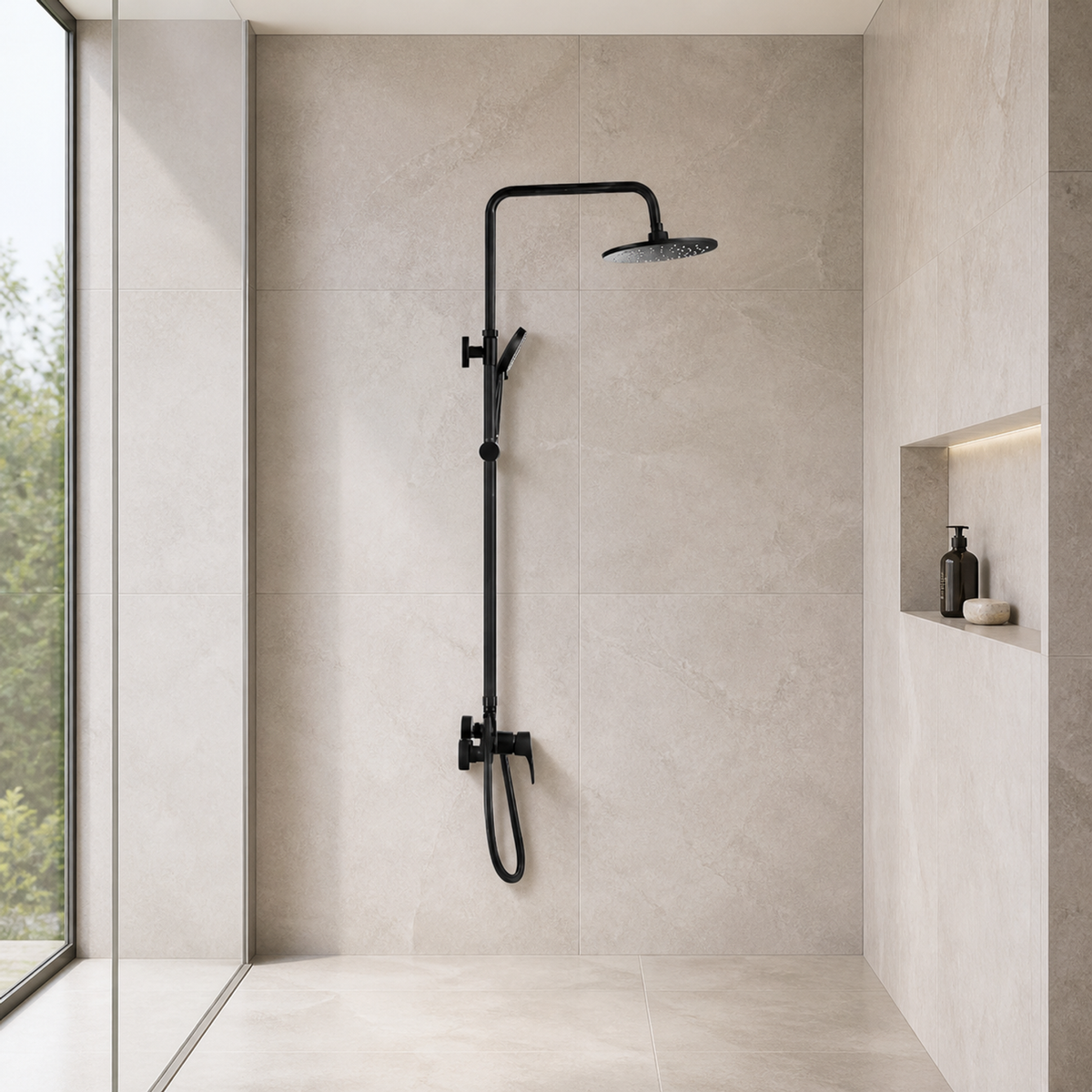 Columna de ducha Notte negra instalada en un baño contemporáneo