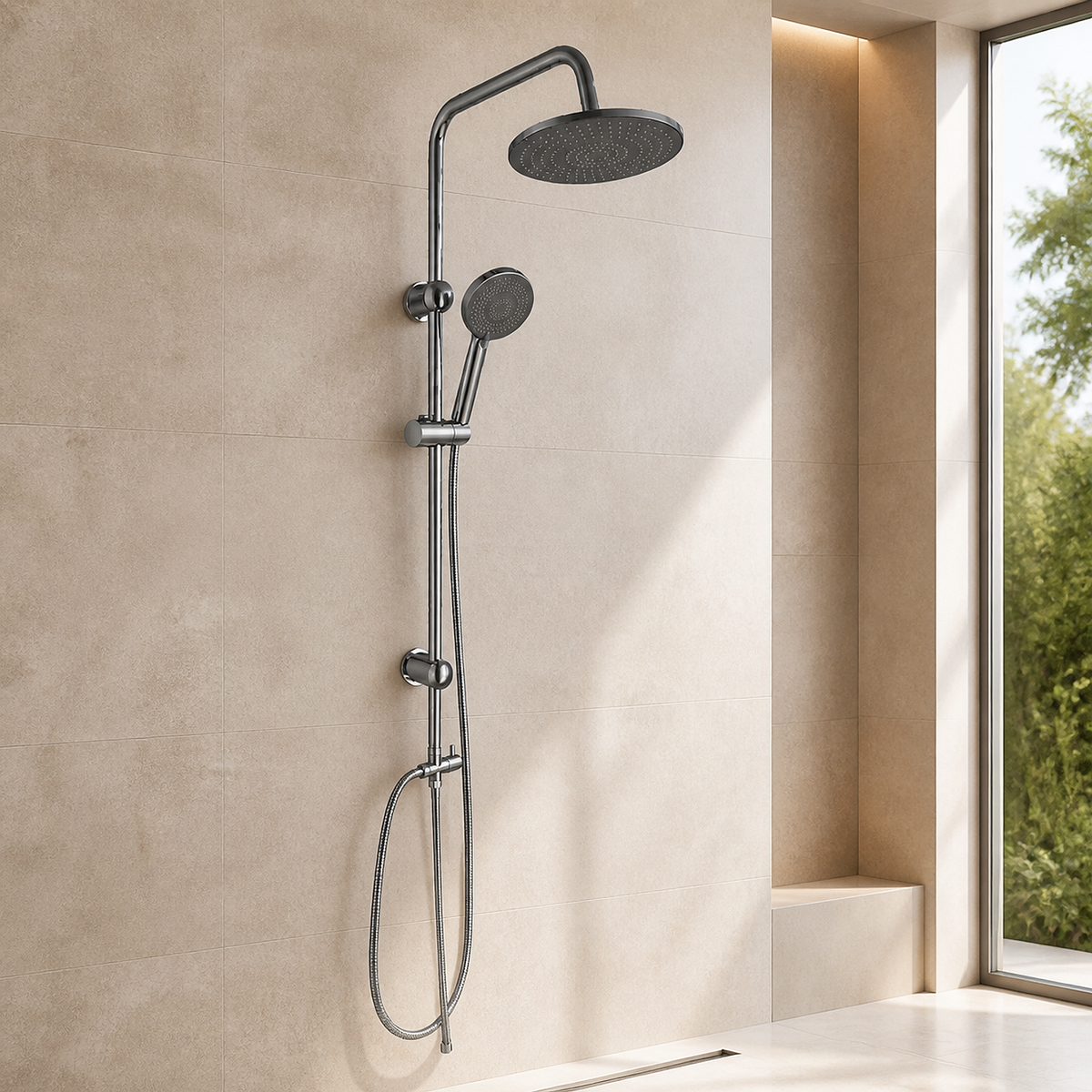 Columna de ducha simple cromada instalada en un baño moderno