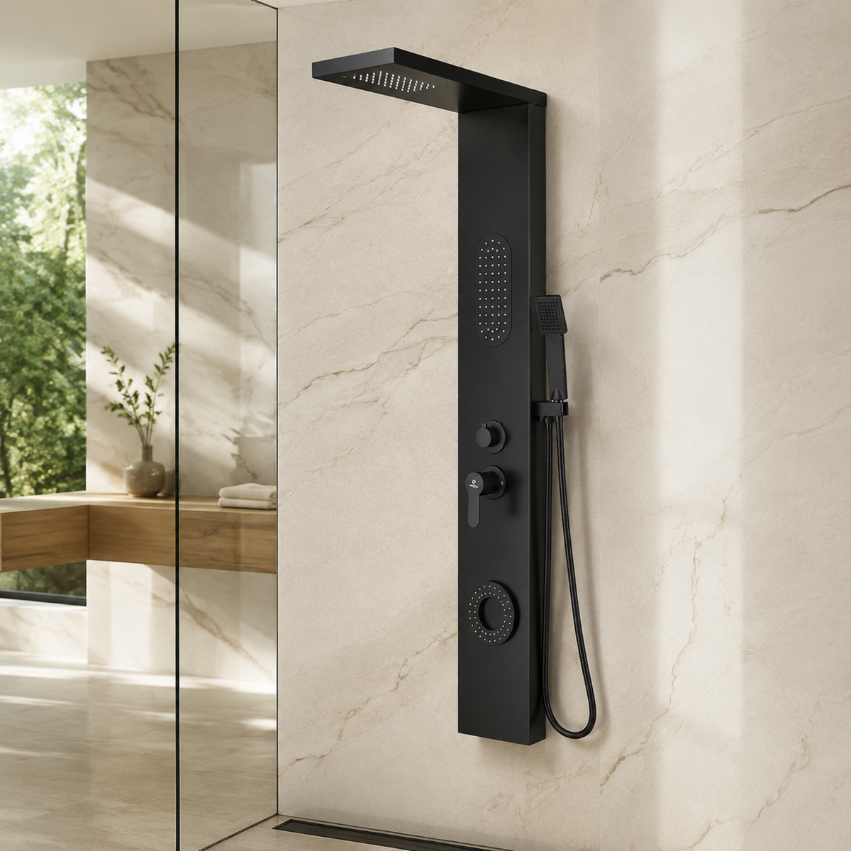Torre de ducha Notte negra instalada en un baño claro contemporáneo