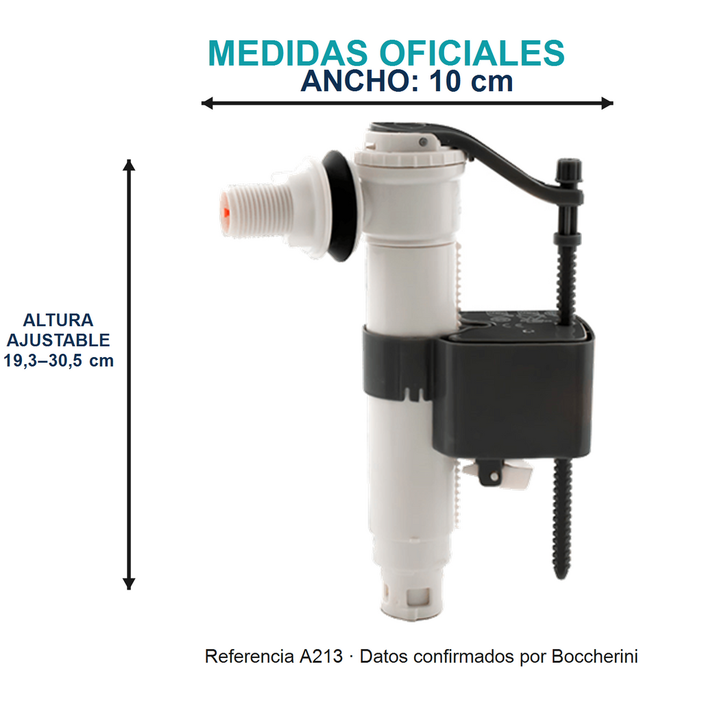 Medidas oficiales de válvula Boccherini A213: ancho 10 cm y altura ajustable de 19,3 a 30,5 cm