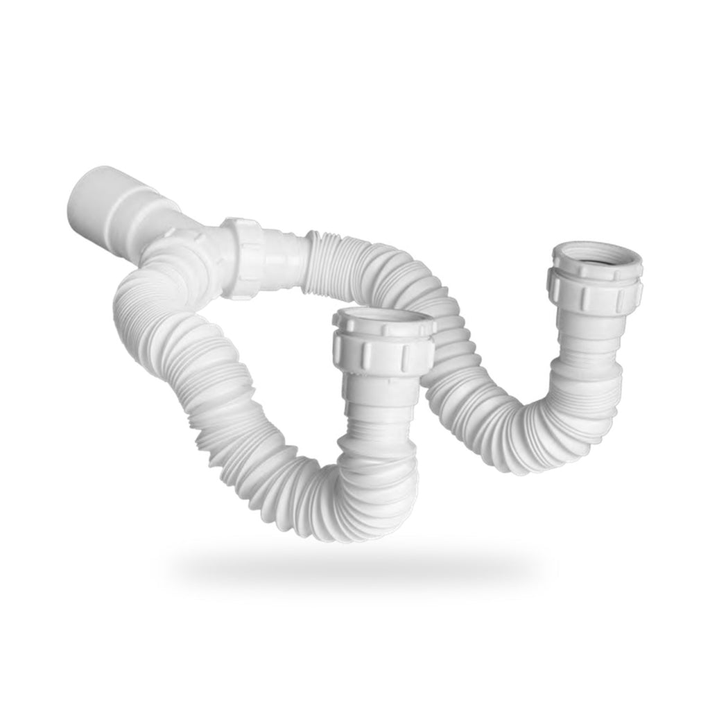 Sifón flexible doble SFDN-01 blanco, producto completo sobre fondo blanco