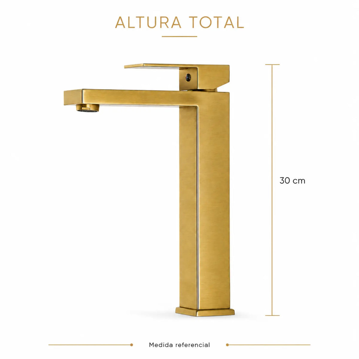 Grifería alta Paris oro cepillado con medida referencial de 30 cm de altura total