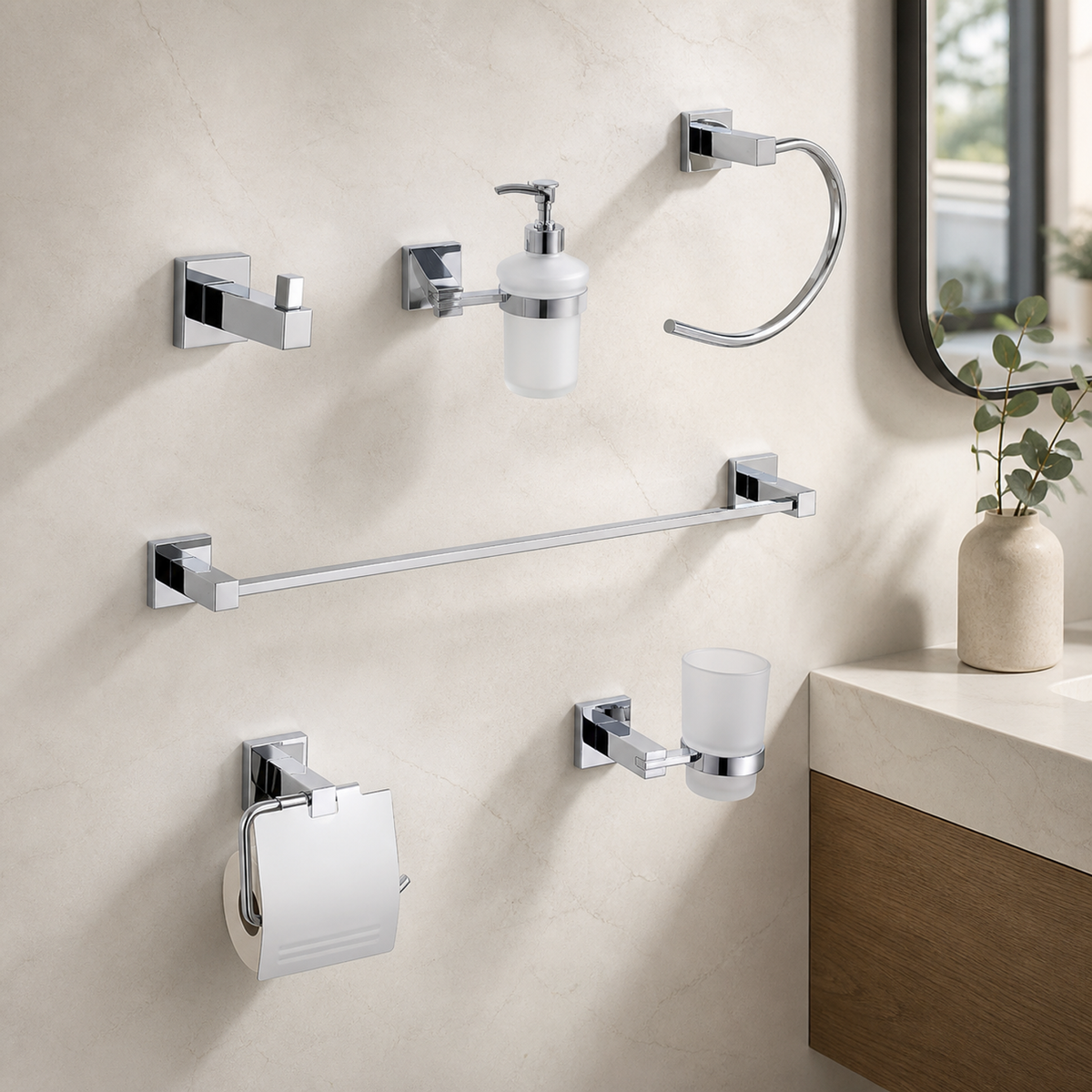 Kit cromado de seis accesorios instalado en un baño contemporáneo