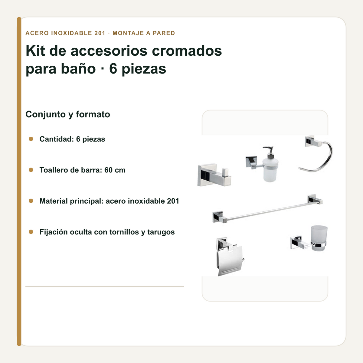 Cantidad, material y medida del toallero del kit de baño