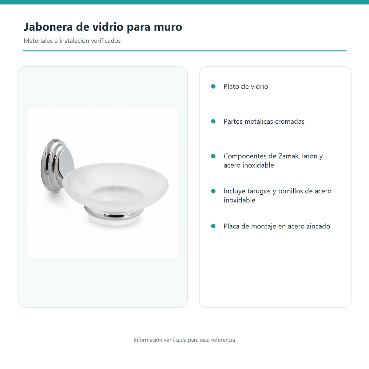 Materiales, fijaciones y contenido verificados de la jabonera de vidrio para muro