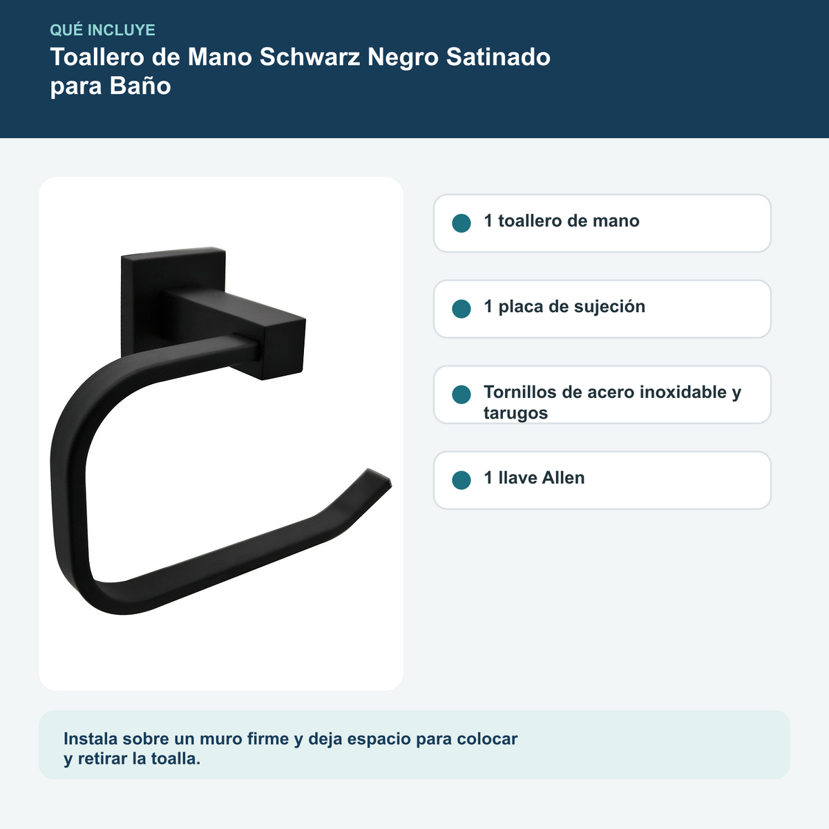 Contenido y características del toallero de mano schwarz negro satinado para baño