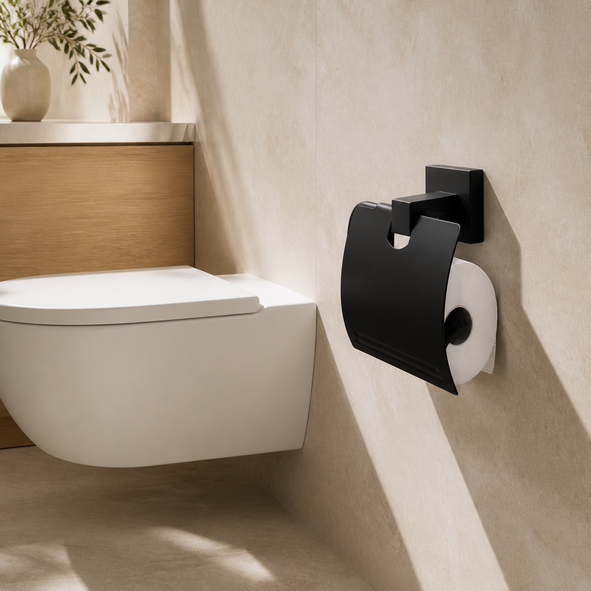 Portarrollos Schwarz Negro Satinado con Tapa para Baño instalado en un ambiente moderno y bien iluminado