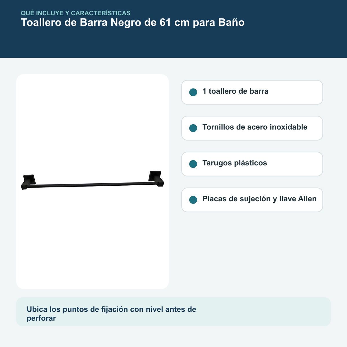Contenido y características del toallero de barra negro de 61 cm para baño