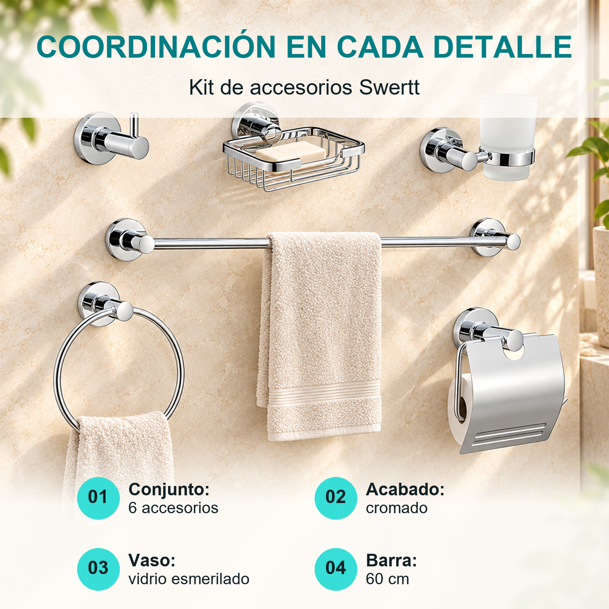 Kit Swertt de seis accesorios cromados: barra toallera de 60 cm