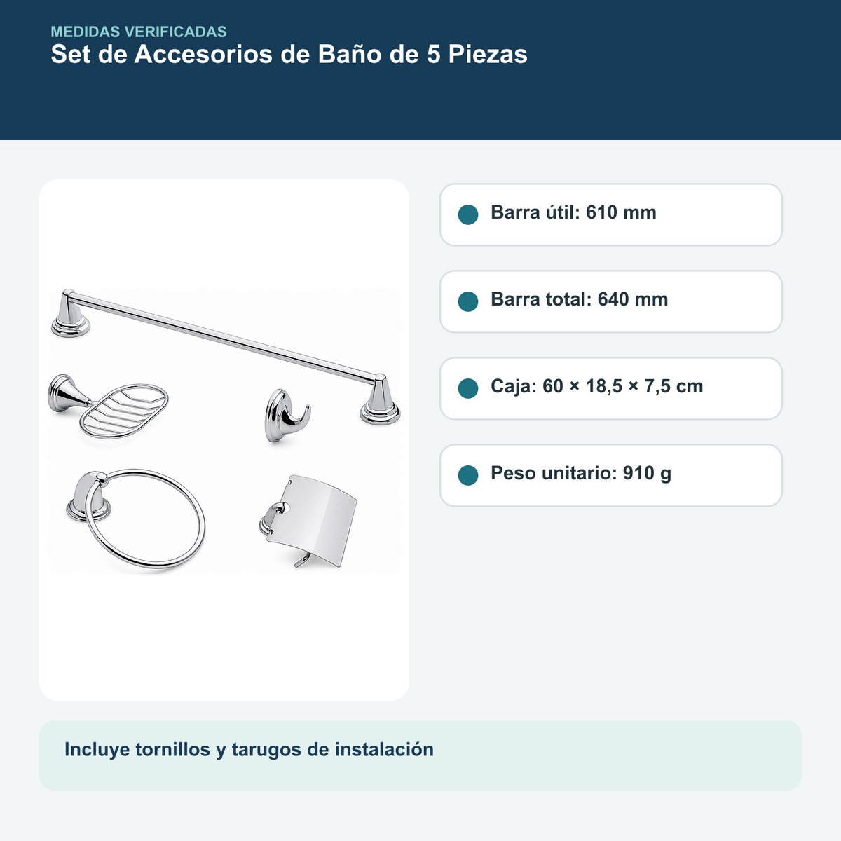 Barra, empaque y peso del set de cinco accesorios