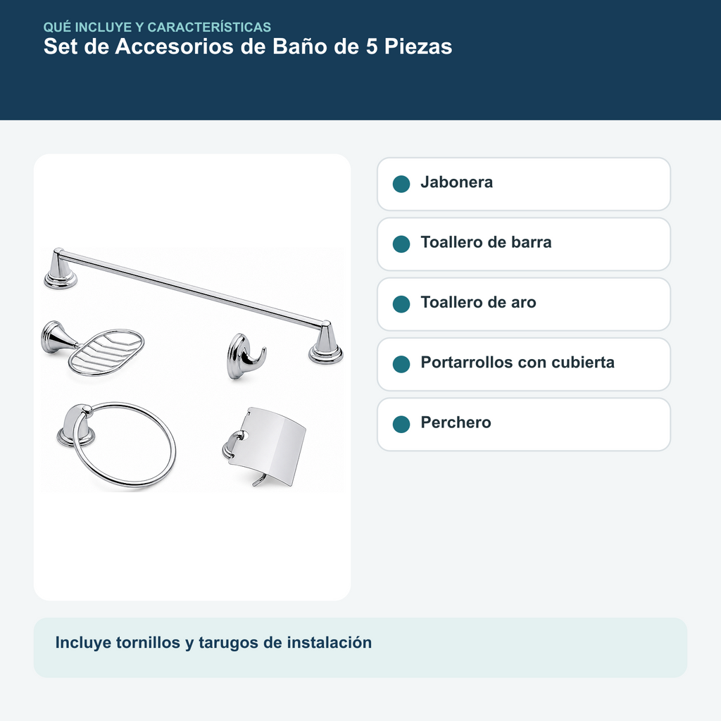 Jabonera, toalleros, porta rollo y perchero incluidos