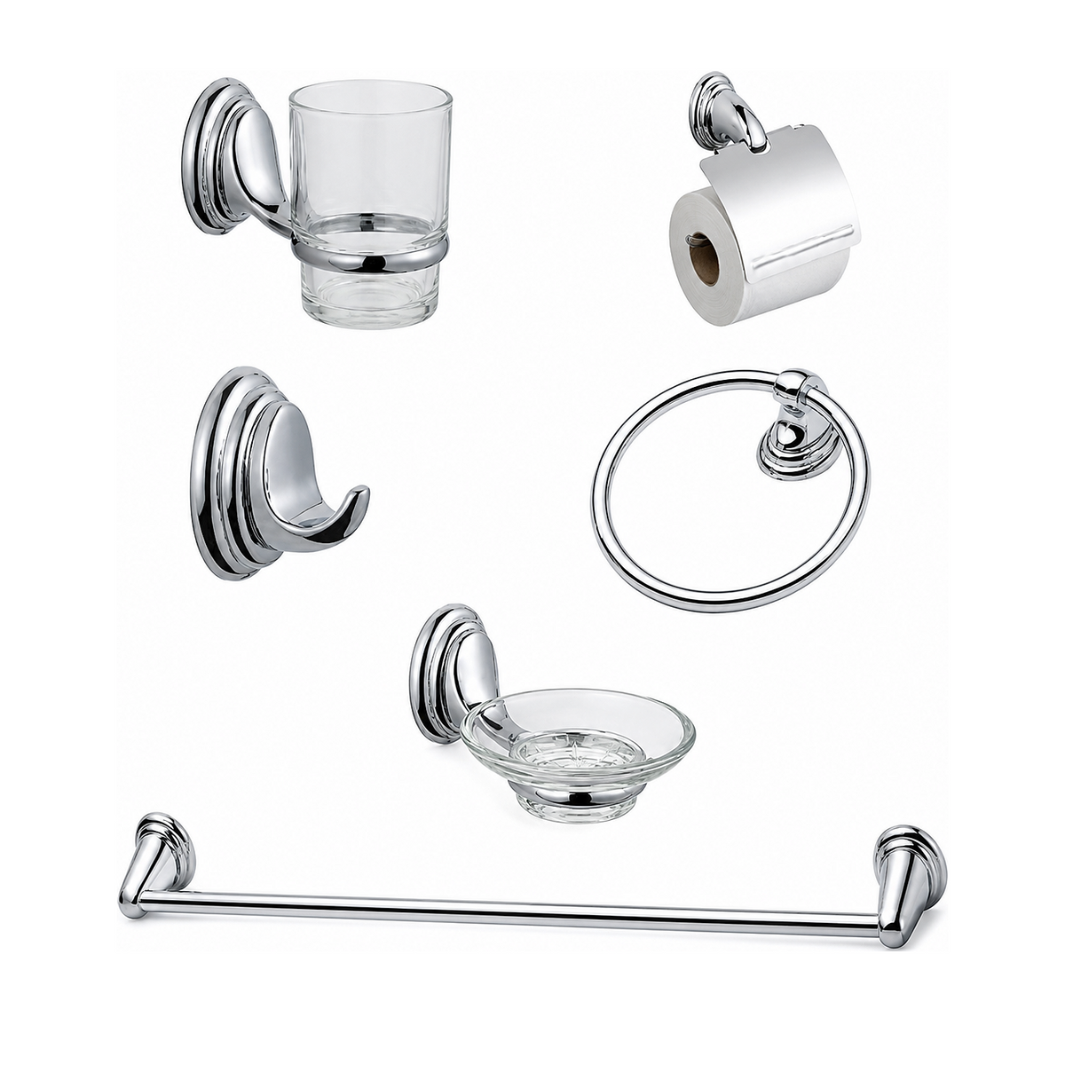 Kit completo de seis accesorios de baño sobre fondo blanco